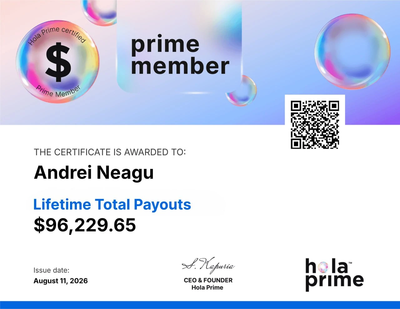 Hola Prime Prime Member certificate — $96,229.65 lifetime total payouts to Andrei Neagu